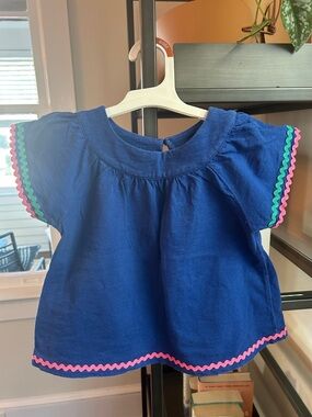 Mini Boden Royal Blue Flutter Sleeve Top with Pink & Green Ric-Rac